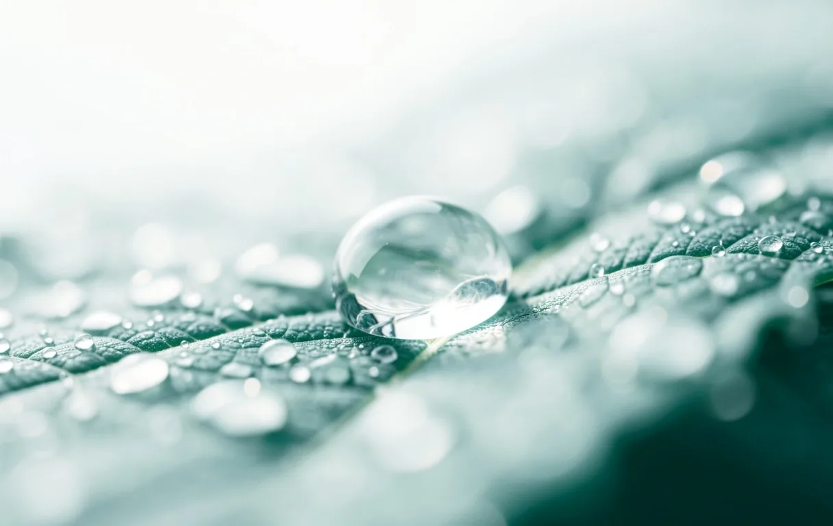 Goutte de rosée cristalline sur une nervure de feuille, symbolisant la clarté biologique.